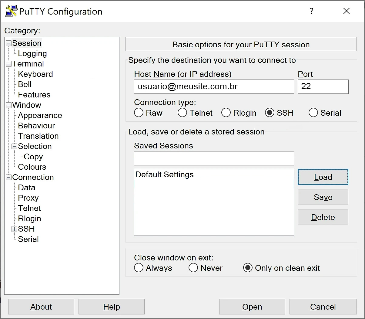 Conexão SFTP SSH com PuTTy