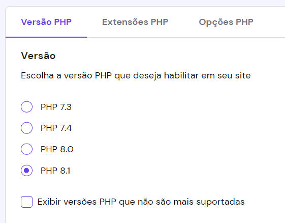 versão do PHP na Hostinger
