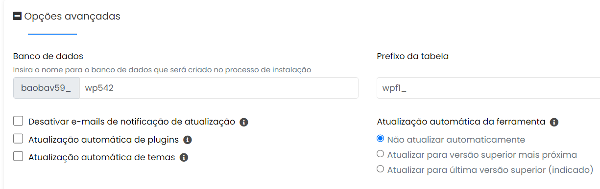 configuração para instalar o wordpress