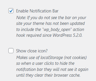 habilitação da barra de notificação no WordPress