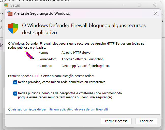 alerta de segurança do windows ao instalar servidor apache