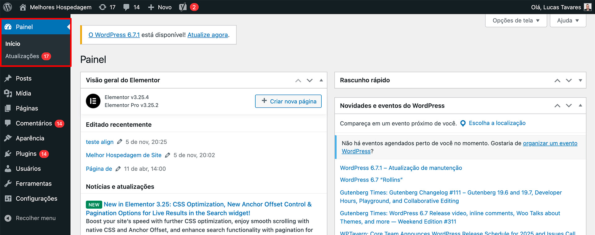 Atualizar wordpress painel