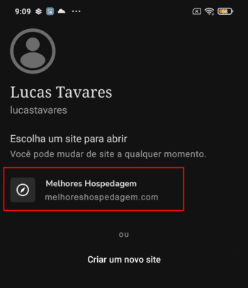 Selecione o site no WordPress Android