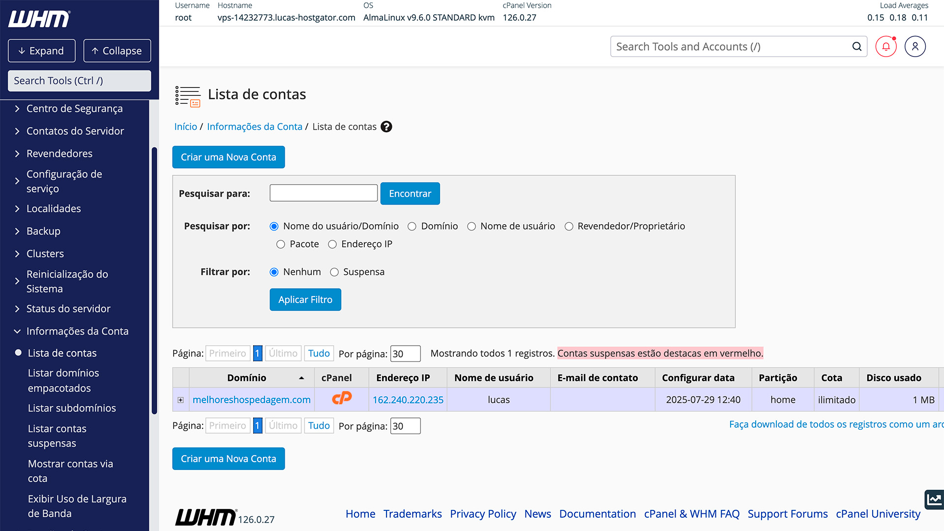 painel de controle WHM