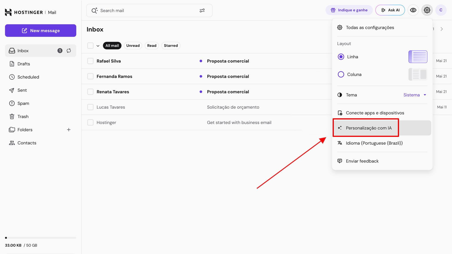Configurar IA Email Profissional Comercial Hostinger