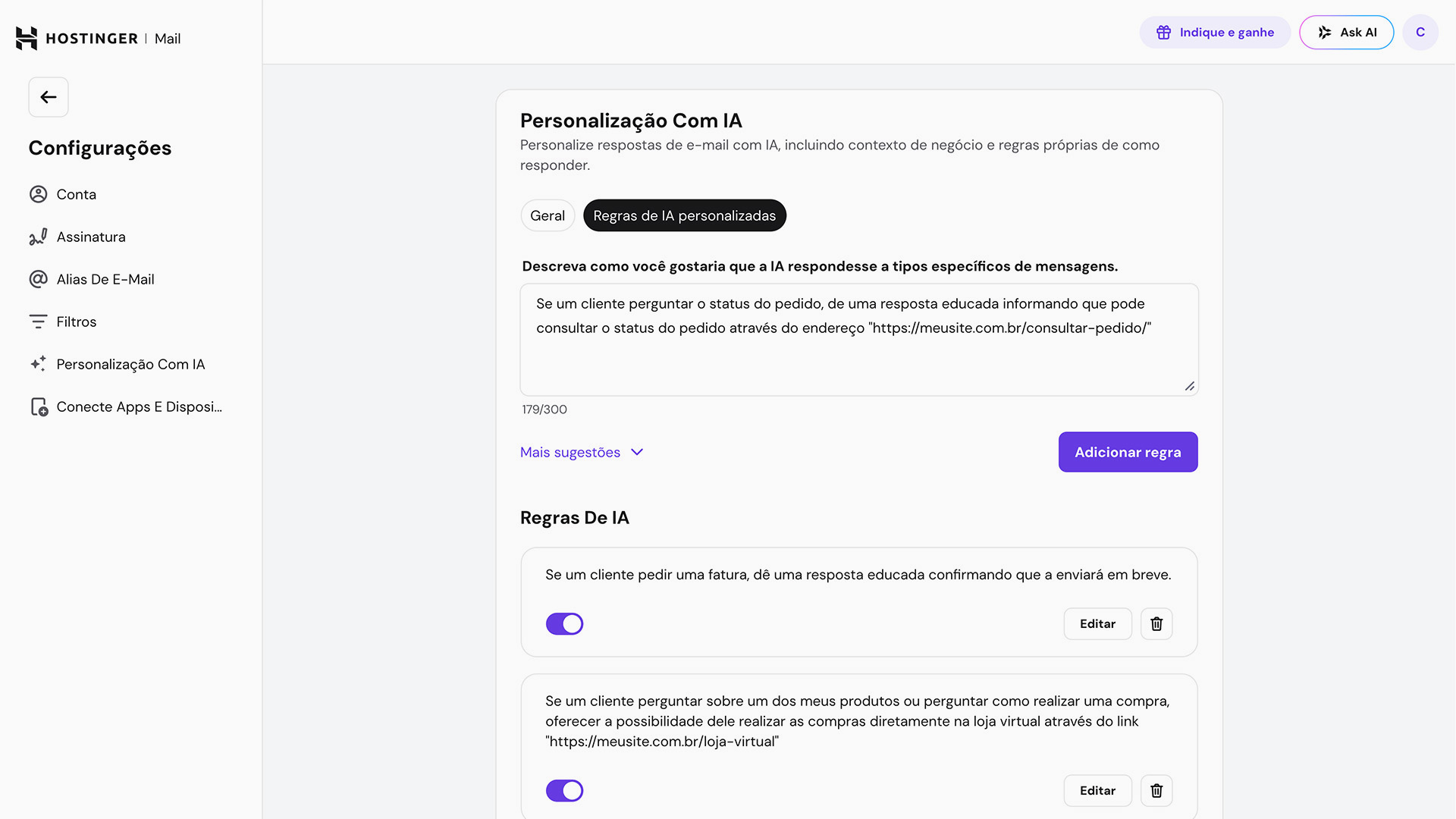 Configurar IA Email Profissional Comercial Hostinger