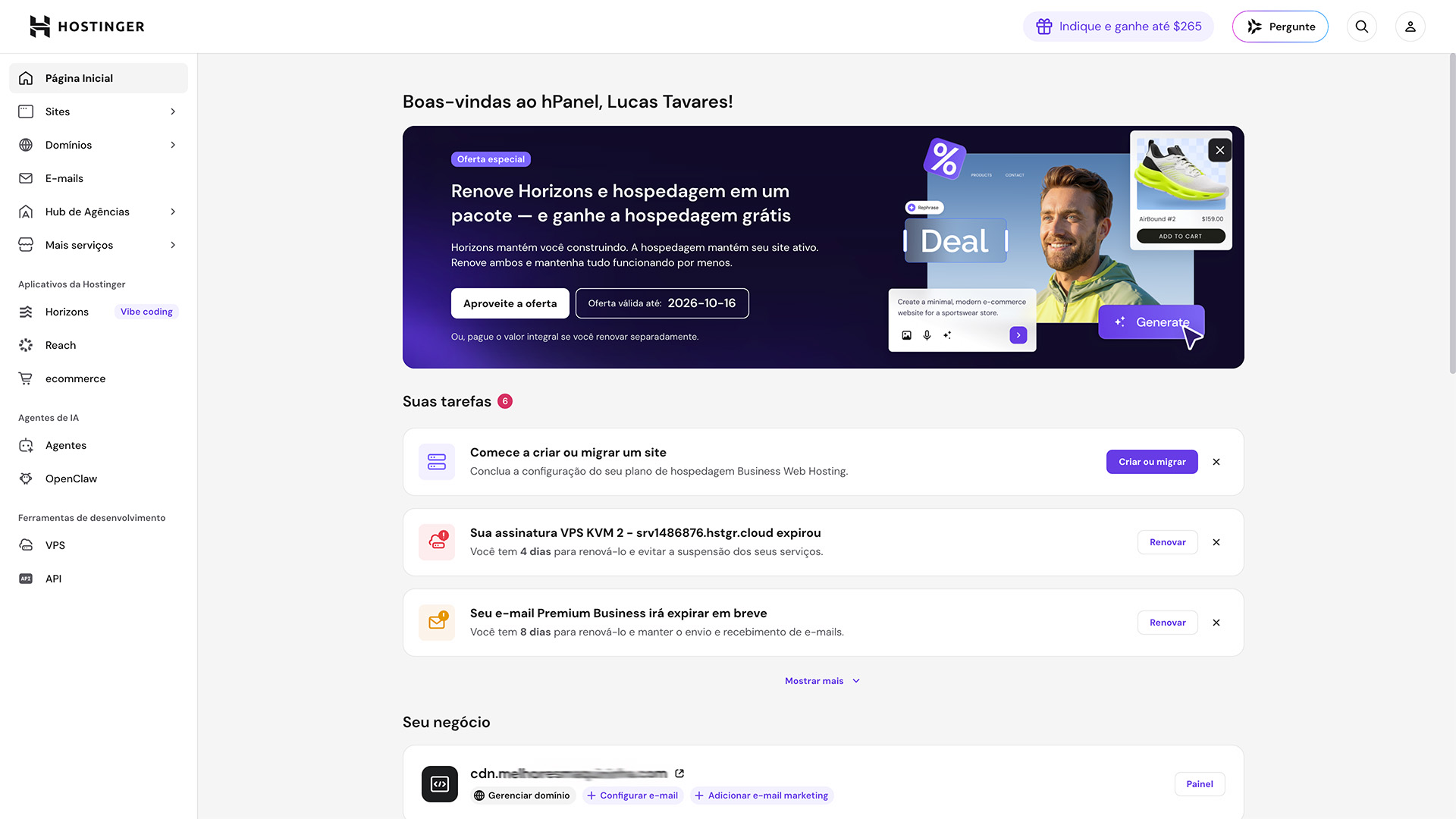 Painel de Controle hPanel Hostinger