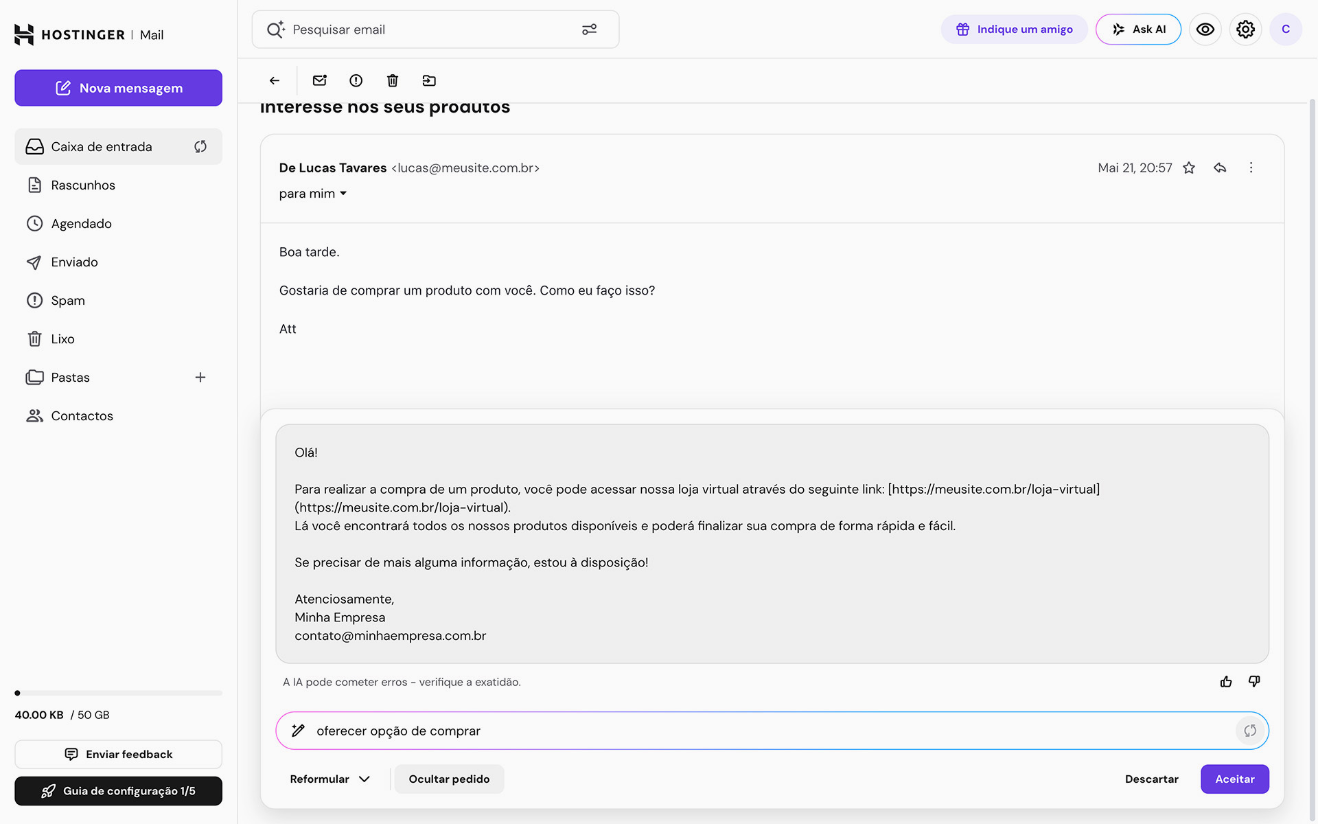 Teste de IA do email comercial da Hostinger
